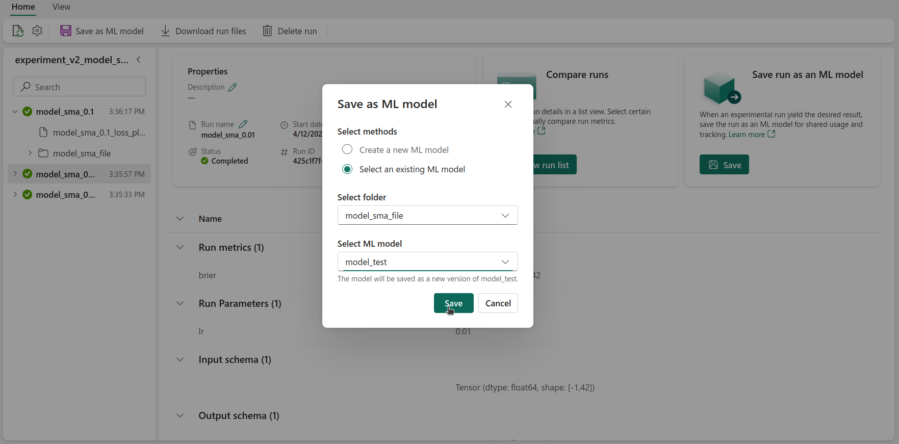 After selecting save in the save run as ML Model section, a pop up box shows up to select the model files and the ML Model to save the files to.